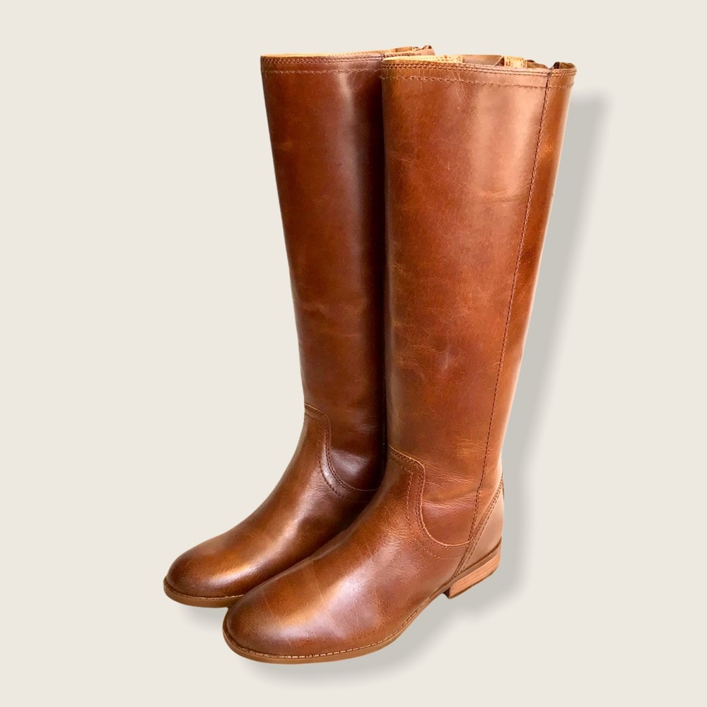 $399 Frye Jolie Back Zip Cognac Knee High Zip Up Round Toe Real Leather Boots - Picture 8 of 16